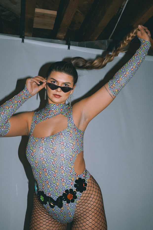 PSYCHEDELIC BLOSSOM BODYSUIT WITH GLOVES